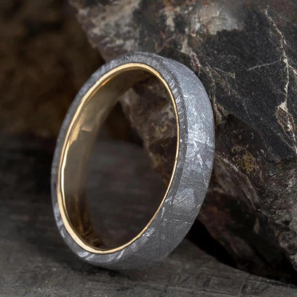 4mm Solid Gold Wedding Band Overlaid With Gibeon Meteorite 9 4mm Solid Gold Wedding Band Overlaid With Gibeon Meteorite - Image 7