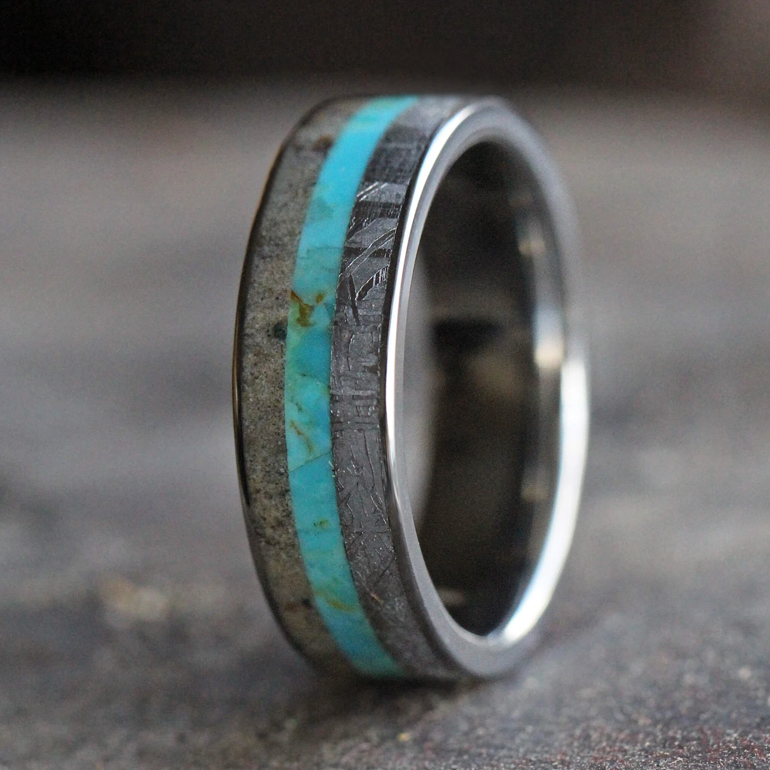 Turquoise, Meteorite & Dinosaur Bone Men's Wedding Band 9 Turquoise, Meteorite & Dinosaur Bone Men's Wedding Band - Image 7