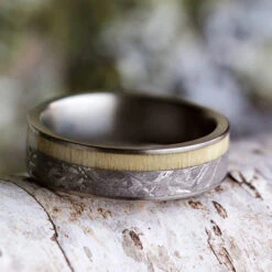 Aspen Wood Ring With Meteorite, Titanium Men's Wedding Band
