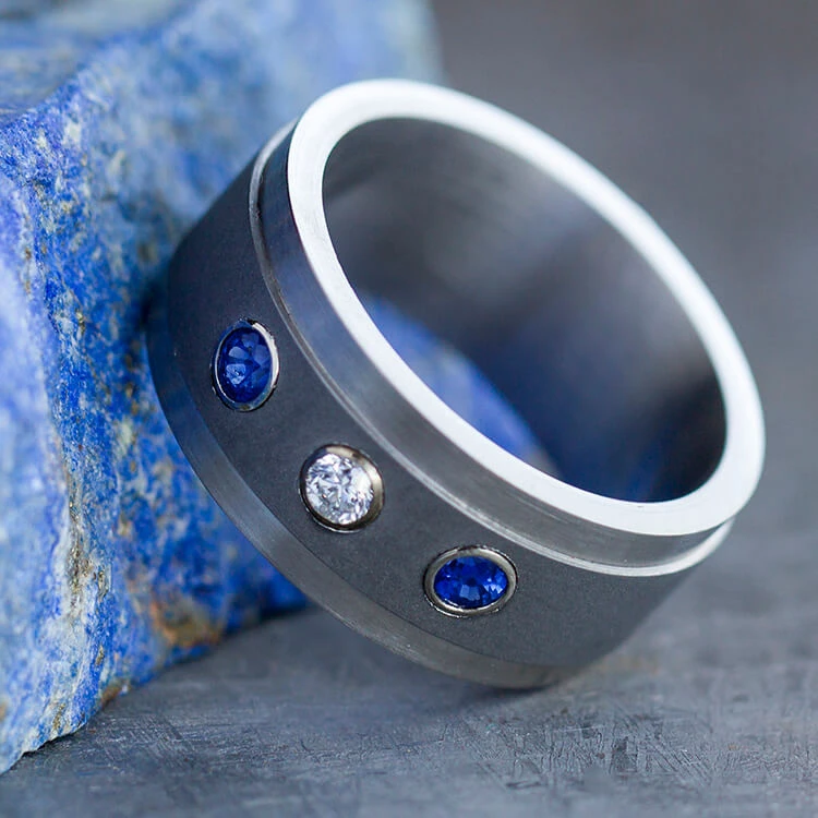 Titanium Ring With Diamond And Blue Sapphires Set In Yellow Gold 3 Titanium Ring With Diamond And Blue Sapphires Set In Yellow Gold