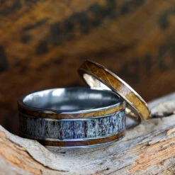 Whiskey Barrel Wood And Antler Ring Set