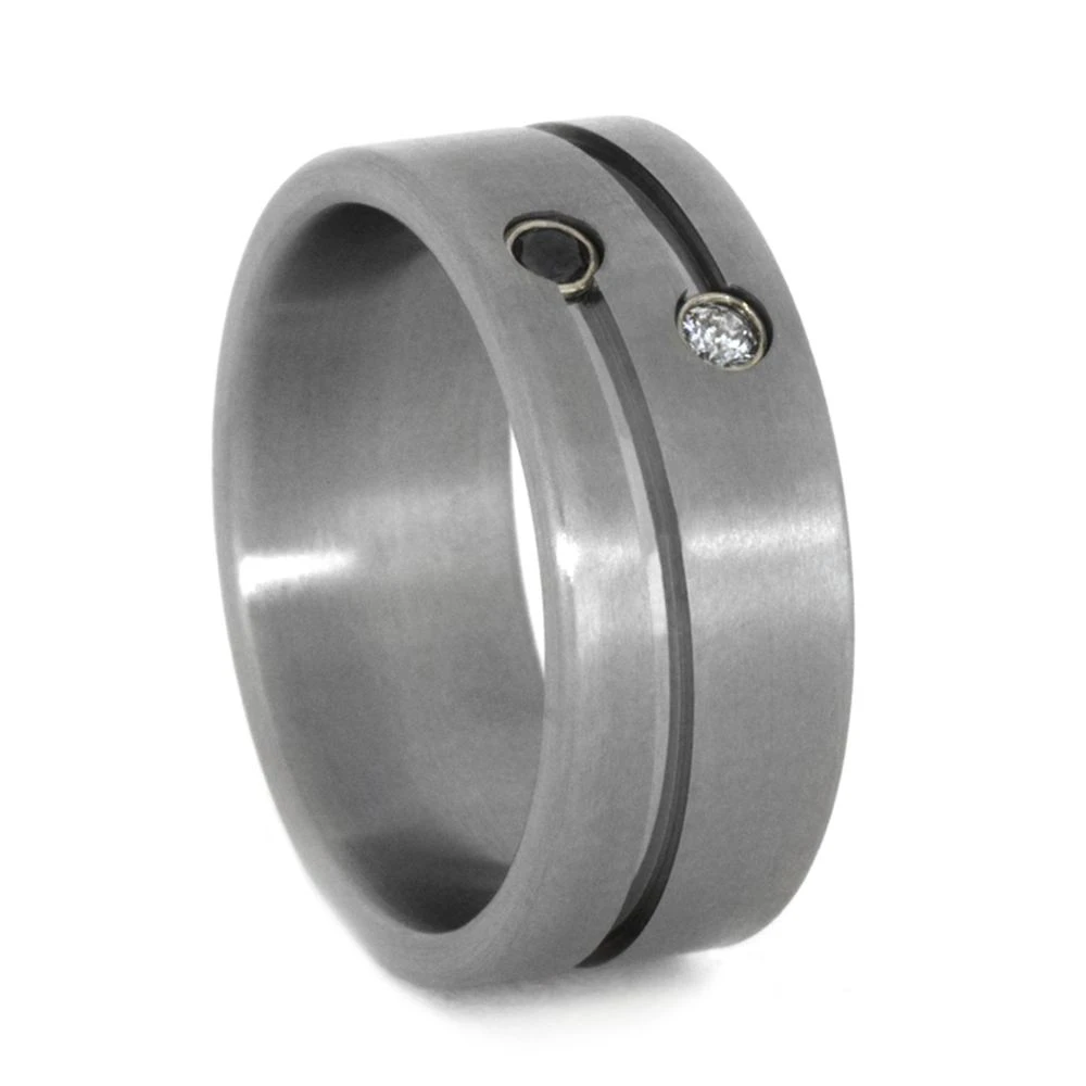 Double Diamond Ring In Grooved Titanium Wedding Band 4 Double Diamond Ring In Grooved Titanium Wedding Band - Image 2