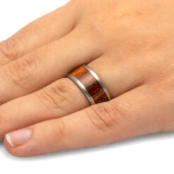 Titanium Wedding Ring With Marble Wood Inlay, Beveled Edge Profile -Johan Jewelry Shop 1160 Handshot