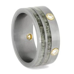 Diamond Wedding Band With Deer Antler In Titanium