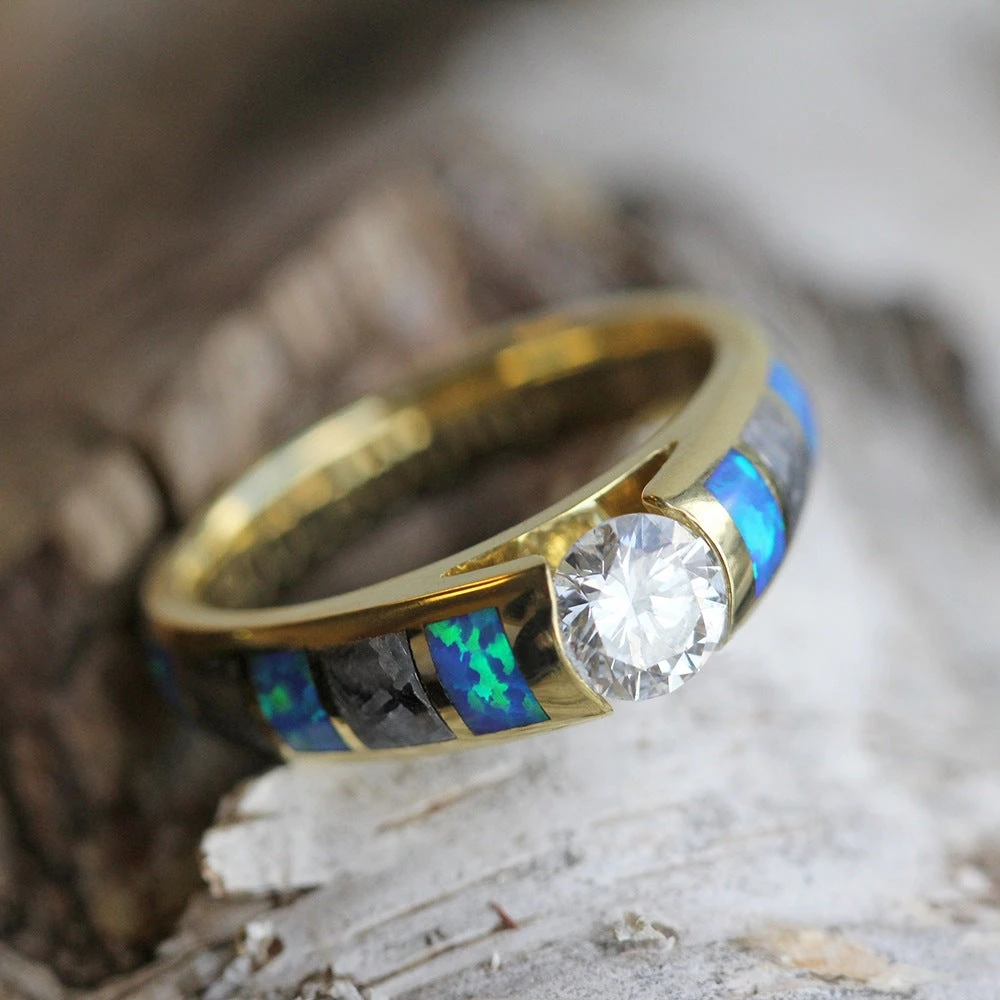 Diamond Engagement Ring With Meteorite And Opal Inlays 3 Diamond Engagement Ring With Meteorite And Opal Inlays