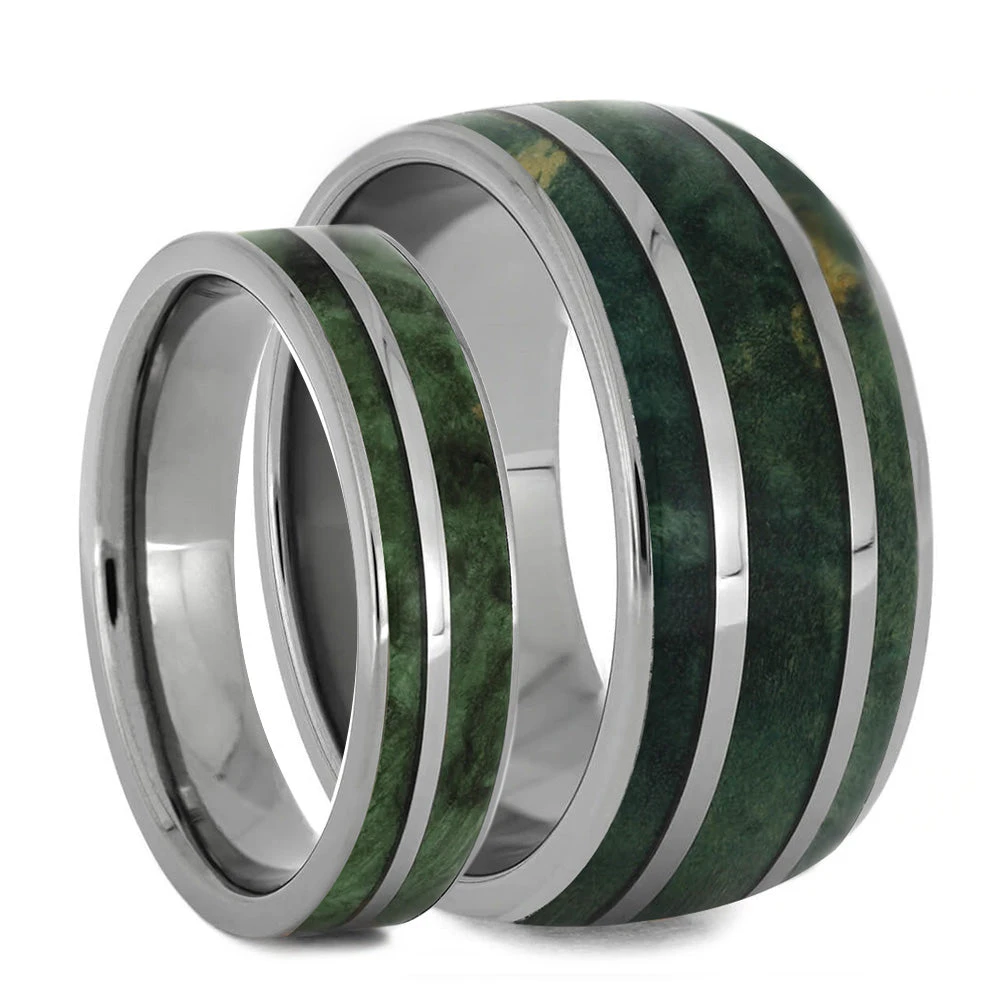 His & Hers Wood Rings Set, Green Wedding Band Set 3 His & Hers Wood Rings Set, Green Wedding Band Set