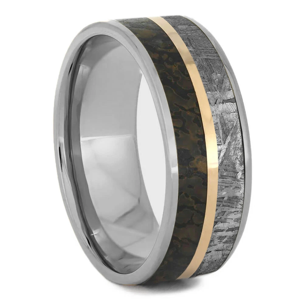 Gibeon Meteorite & Fossil Wedding Band With Gold Pinstripe 4 Gibeon Meteorite & Fossil Wedding Band With Gold Pinstripe - Image 2