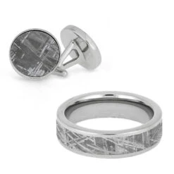 Meteorite Wedding Band And Cuff Links Set