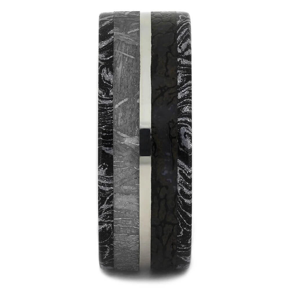 Black & White Mokume Gane Ring With Meteorite, Dinosaur Bone 5 Black & White Mokume Gane Ring With Meteorite, Dinosaur Bone - Image 3