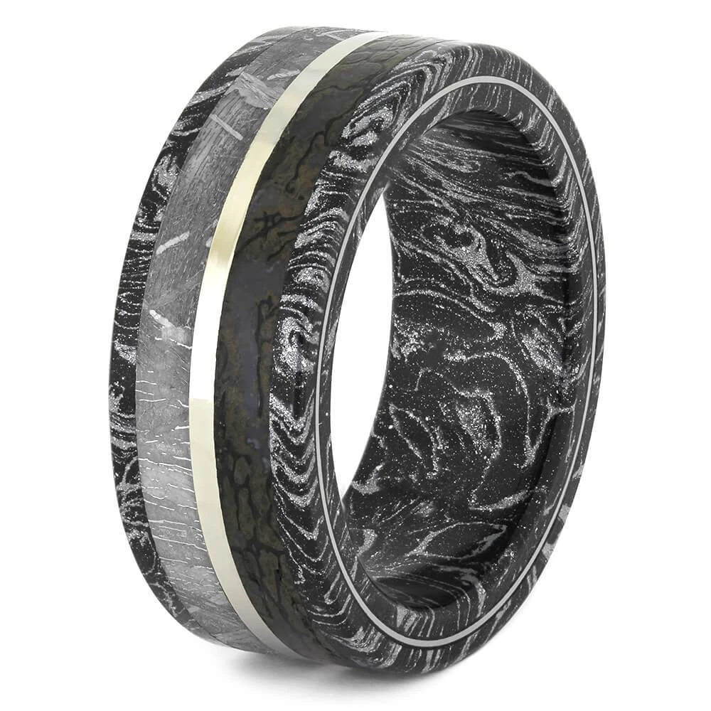Black & White Mokume Gane Ring With Meteorite, Dinosaur Bone 6 Black & White Mokume Gane Ring With Meteorite, Dinosaur Bone - Image 4