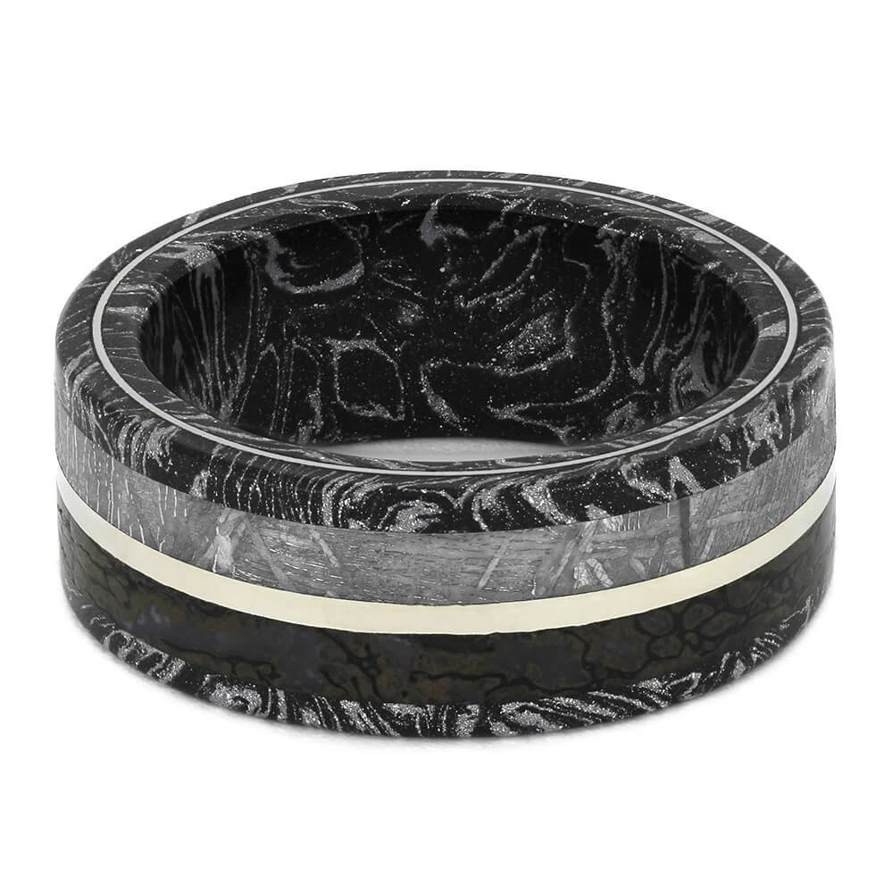 Black & White Mokume Gane Ring With Meteorite, Dinosaur Bone 7 Black & White Mokume Gane Ring With Meteorite, Dinosaur Bone - Image 5
