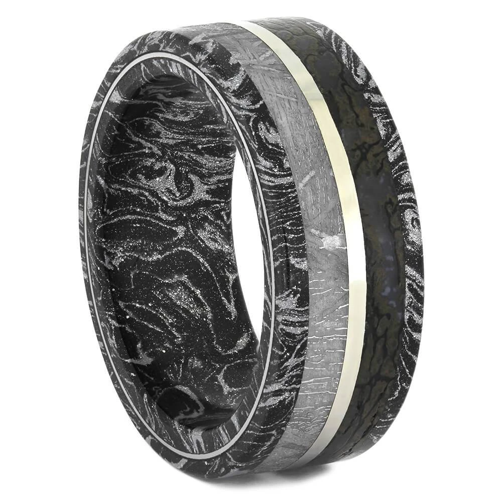 Black & White Mokume Gane Ring With Meteorite, Dinosaur Bone 4 Black & White Mokume Gane Ring With Meteorite, Dinosaur Bone - Image 2