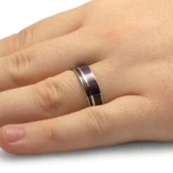 Purple Box Elder Wood Wedding Band With Titanium Pinstripe 9 Purple Box Elder Wood Wedding Band With Titanium Pinstripe -Johan Jewelry Shop 1658Handshot