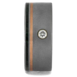 Frosted Titanium Ring With Flush Diamond, Copper And Green Wood -Johan Jewelry Shop 1695 1E