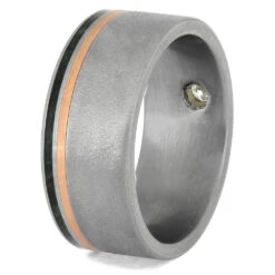 Frosted Titanium Ring With Flush Diamond, Copper And Green Wood -Johan Jewelry Shop 1695 2E