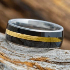 Dark Wood Men's Wedding Band With Thick Pinstripe