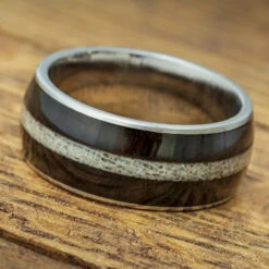Masculine African Blackwood Ring With Antler Center Inlay