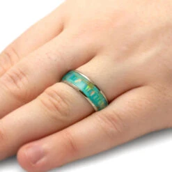 Blue Men's Wedding Band, Turquoise & Opal Ring -Johan Jewelry Shop 1801HandshotNew