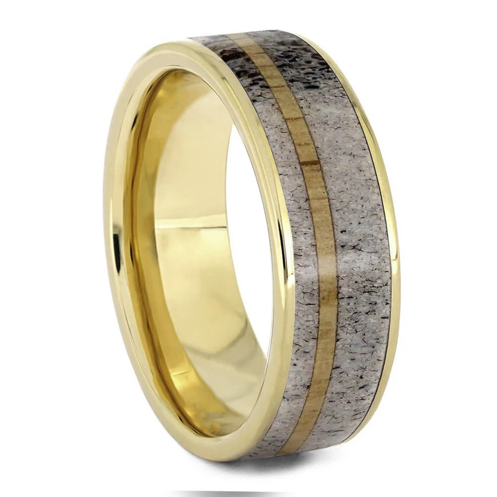 Polished Gold Ring With Deer Antler And Oak Wood 4 Polished Gold Ring With Deer Antler And Oak Wood - Image 2