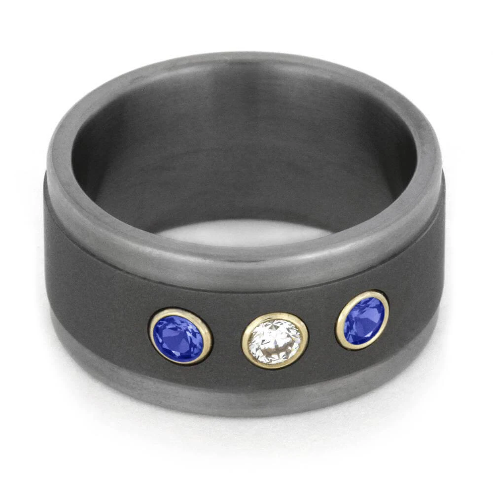 Titanium Ring With Diamond And Blue Sapphires Set In Yellow Gold 7 Titanium Ring With Diamond And Blue Sapphires Set In Yellow Gold - Image 5