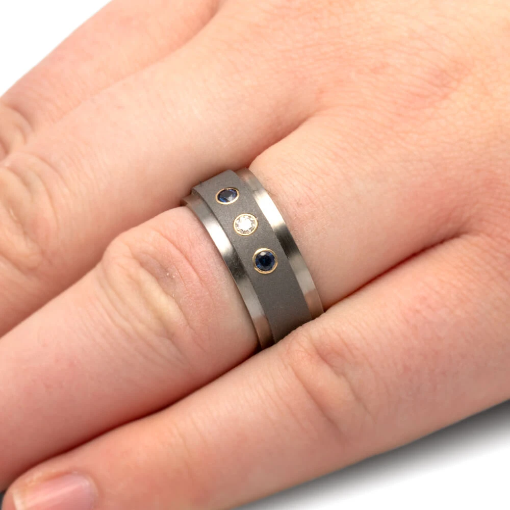 Titanium Ring With Diamond And Blue Sapphires Set In Yellow Gold 8 Titanium Ring With Diamond And Blue Sapphires Set In Yellow Gold - Image 6
