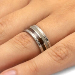 Meteorite & Dinosaur Bone Men's Wedding Band 15 Meteorite & Dinosaur Bone Men's Wedding Band -Johan Jewelry Shop 1839 Handshot