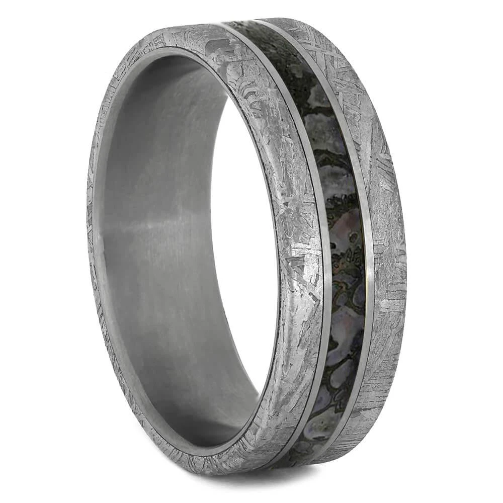Matching Wedding Band Set With Meteorite And Dinosaur Bone 5 Matching Wedding Band Set With Meteorite And Dinosaur Bone - Image 3