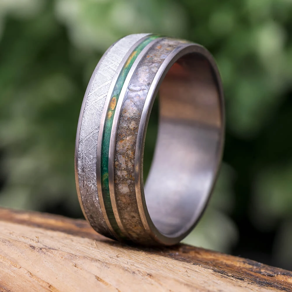 Men's Wedding Band With Green Box Elder Burl Wood, Dino Bone & Meteorite 3 Men's Wedding Band With Green Box Elder Burl Wood, Dino Bone & Meteorite