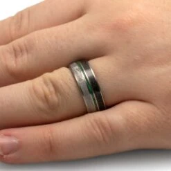 Men's Wedding Band With Green Box Elder Burl Wood, Dino Bone & Meteorite 14 Men's Wedding Band With Green Box Elder Burl Wood, Dino Bone & Meteorite -Johan Jewelry Shop 1893Handshot