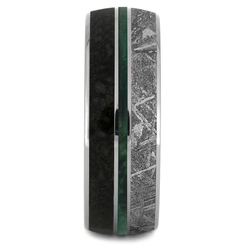 Men's Wedding Band With Green Box Elder Burl Wood, Dino Bone & Meteorite 5 Men's Wedding Band With Green Box Elder Burl Wood, Dino Bone & Meteorite - Image 3