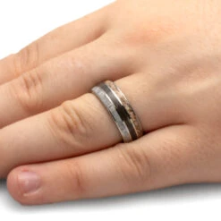 Wedding Band With Meteorite, Dinosaur Bone, And Petrified Wood -Johan Jewelry Shop 1921 Handshot