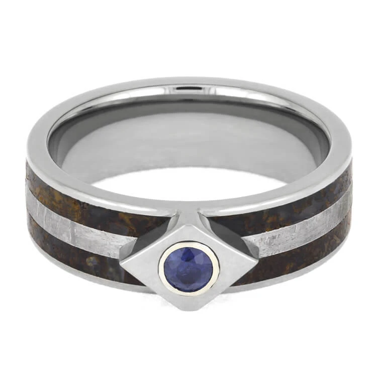 Meteor Engagement Ring With Sapphire, Titanium Ring Inlaid With Dinosaur Bone 7 Meteor Engagement Ring With Sapphire, Titanium Ring Inlaid With Dinosaur Bone - Image 5