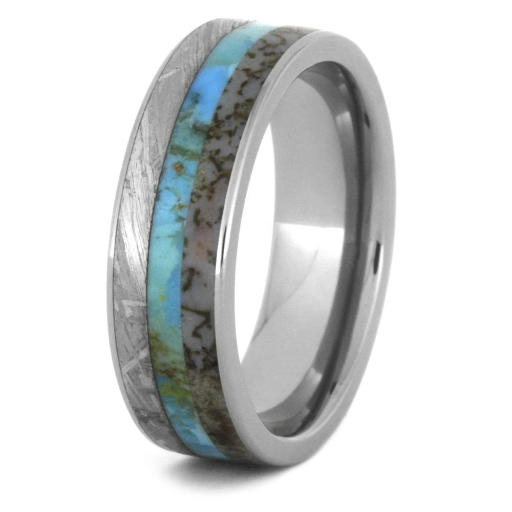 Turquoise, Meteorite & Dinosaur Bone Men's Wedding Band 6 Turquoise, Meteorite & Dinosaur Bone Men's Wedding Band - Image 4