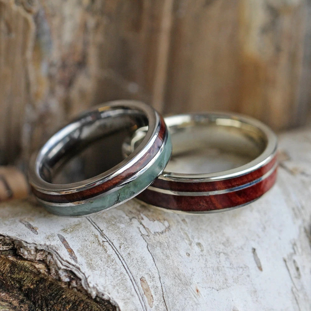 Green Jade Wedding Band Set With Redwood And Cedar Wood 3 Green Jade Wedding Band Set With Redwood And Cedar Wood