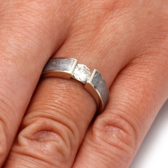 Tension Set White Sapphire Ring With Meteorite In White Gold 8 Tension Set White Sapphire Ring With Meteorite In White Gold - Image 6