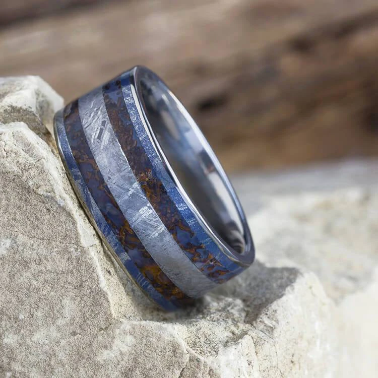 Mens Wedding Band With Meteorite And Dinosaur Bone, Fossil Ring 5 Mens Wedding Band With Meteorite And Dinosaur Bone, Fossil Ring - Image 3