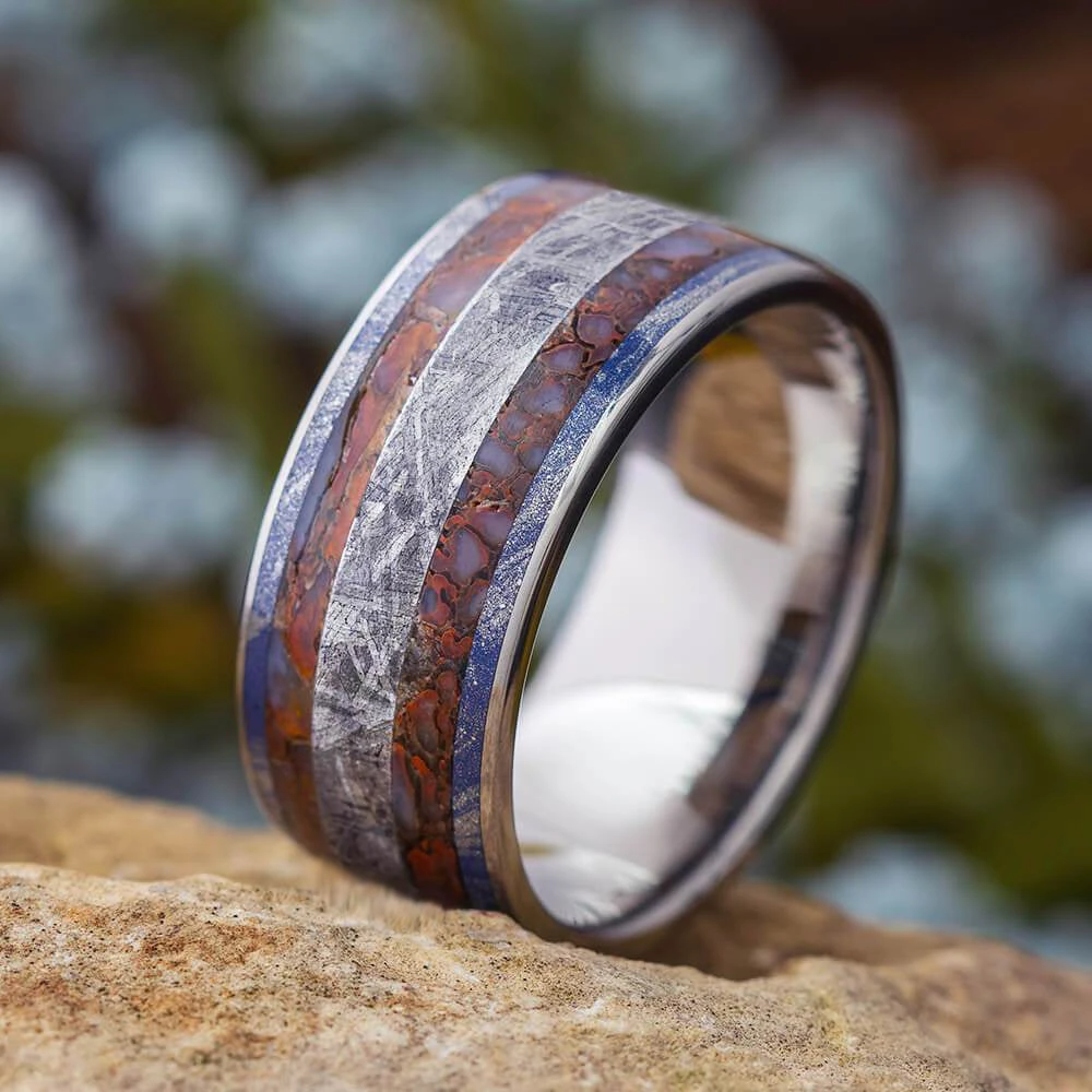 Mens Wedding Band With Meteorite And Dinosaur Bone, Fossil Ring 3 Mens Wedding Band With Meteorite And Dinosaur Bone, Fossil Ring
