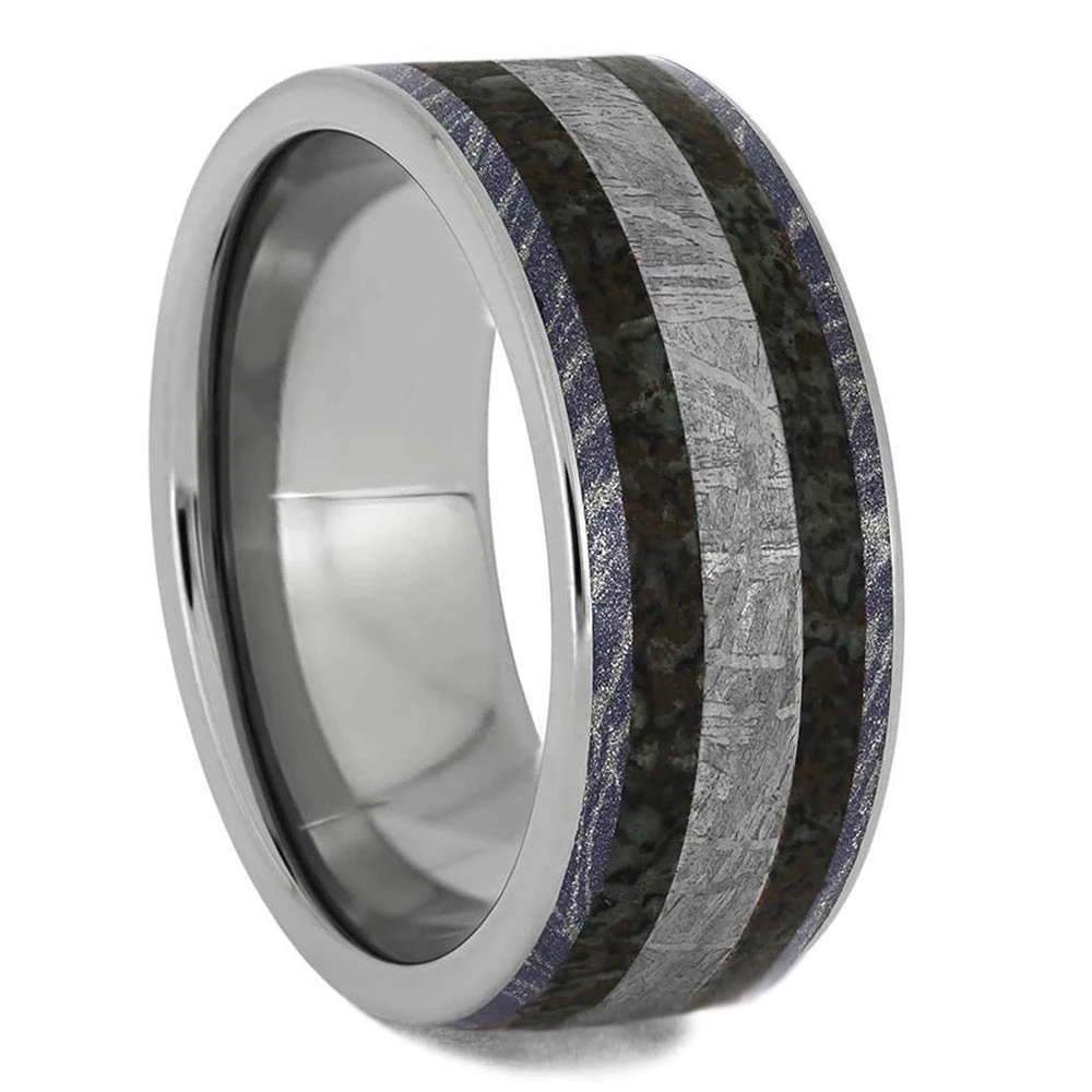 Mens Wedding Band With Meteorite And Dinosaur Bone, Fossil Ring 4 Mens Wedding Band With Meteorite And Dinosaur Bone, Fossil Ring - Image 2