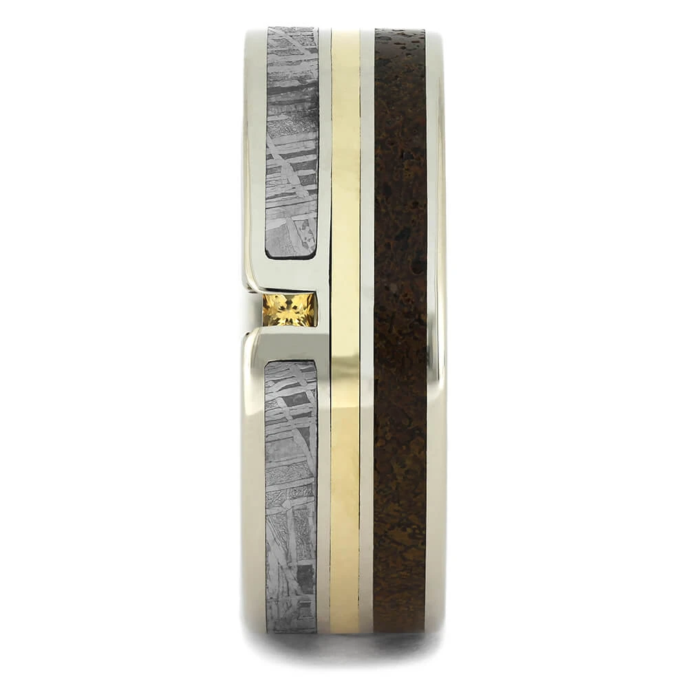 Gemstone Men's Wedding Band With Meteorite & Dinosaur Bone 5 Gemstone Men's Wedding Band With Meteorite & Dinosaur Bone - Image 3
