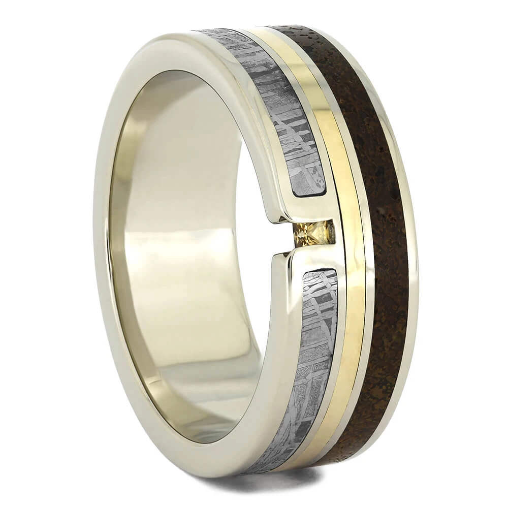 Gemstone Men's Wedding Band With Meteorite & Dinosaur Bone 4 Gemstone Men's Wedding Band With Meteorite & Dinosaur Bone - Image 2