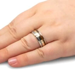 Gemstone Men's Wedding Band With Meteorite & Dinosaur Bone 9 Gemstone Men's Wedding Band With Meteorite & Dinosaur Bone -Johan Jewelry Shop 2209 Handshot