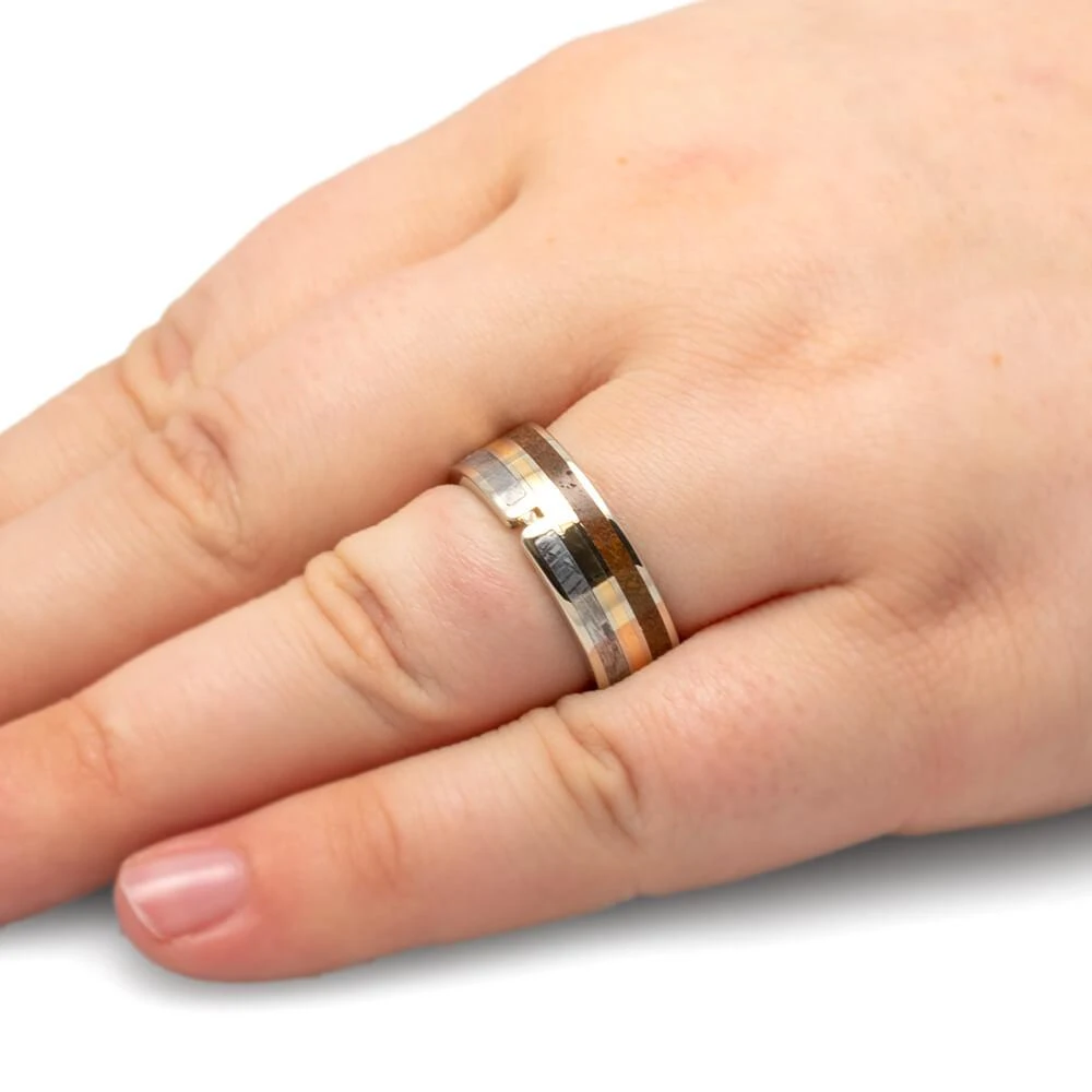 Gemstone Men's Wedding Band With Meteorite & Dinosaur Bone 6 Gemstone Men's Wedding Band With Meteorite & Dinosaur Bone - Image 4