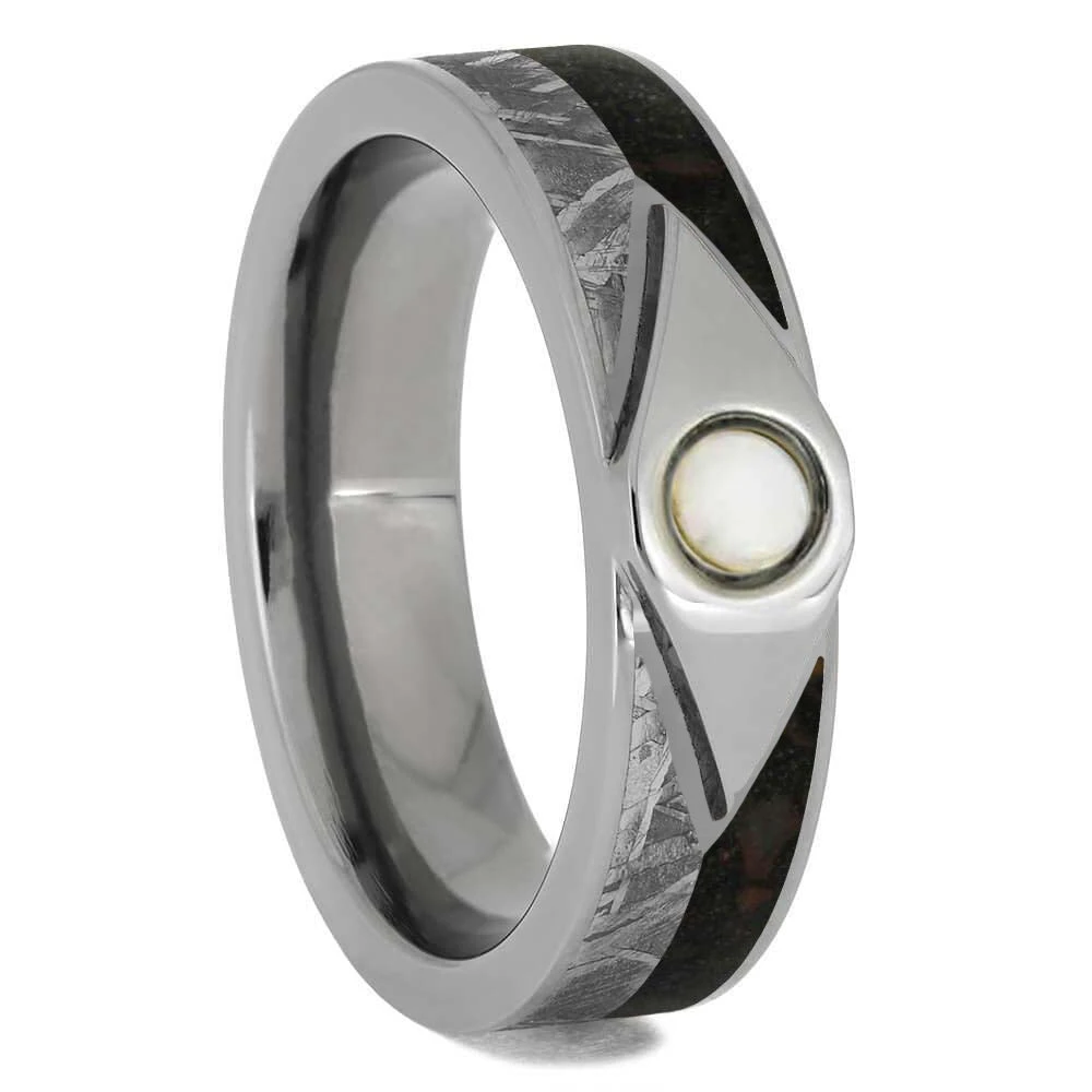 Cabochon Opal Wedding Band, Dinosaur Bone And Meteorite Ring 3 Cabochon Opal Wedding Band, Dinosaur Bone And Meteorite Ring