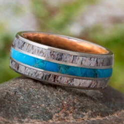 Turquoise Men's Wedding Band With Wood And Antler -Johan Jewelry Shop 2267newart
