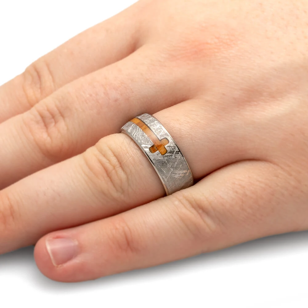 Olive Wood Cross Ring, Gibeon Meteorite Ring In Titanium 7 Olive Wood Cross Ring, Gibeon Meteorite Ring In Titanium - Image 5