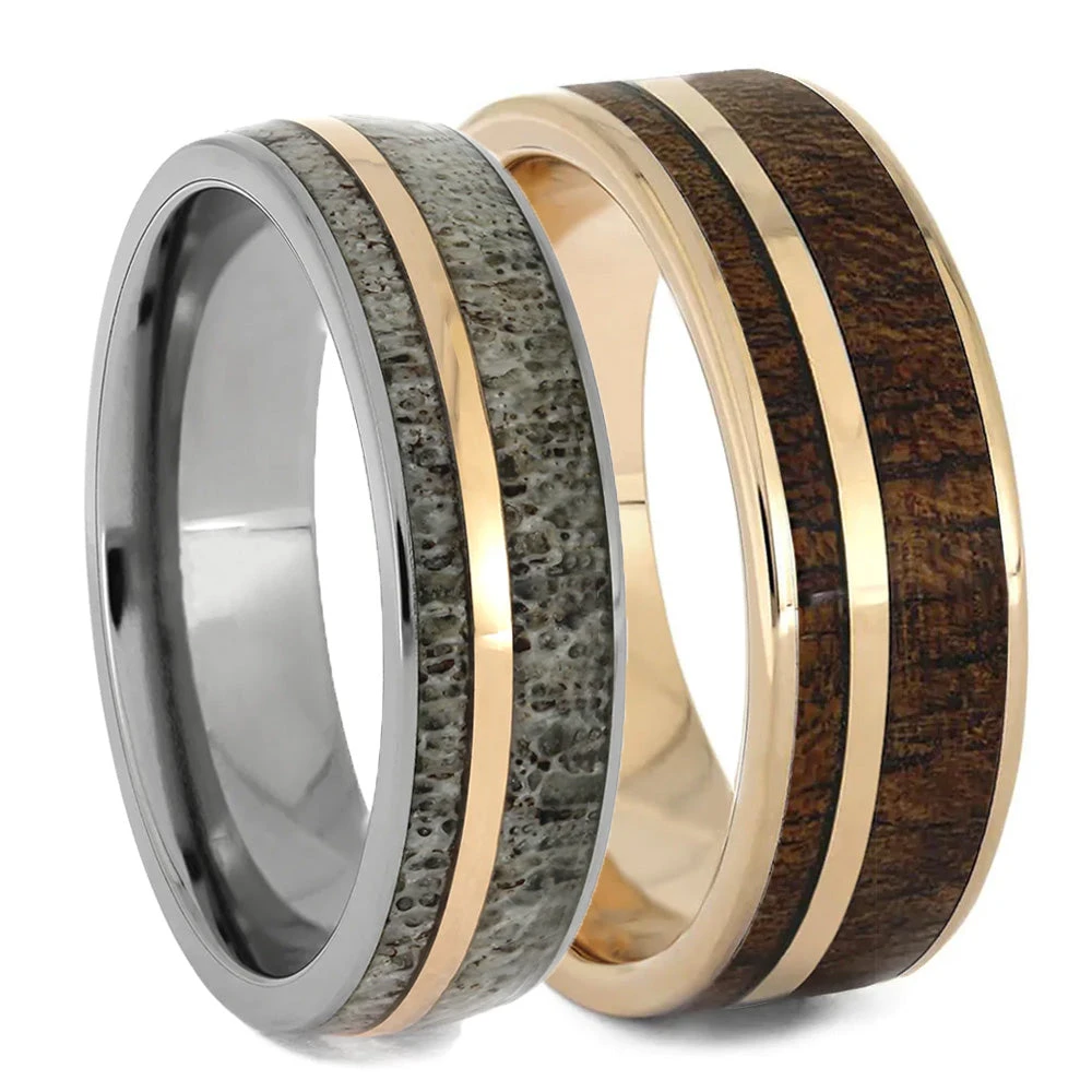 Rose Gold Wedding Band Set With Antler And Wood 3 Rose Gold Wedding Band Set With Antler And Wood