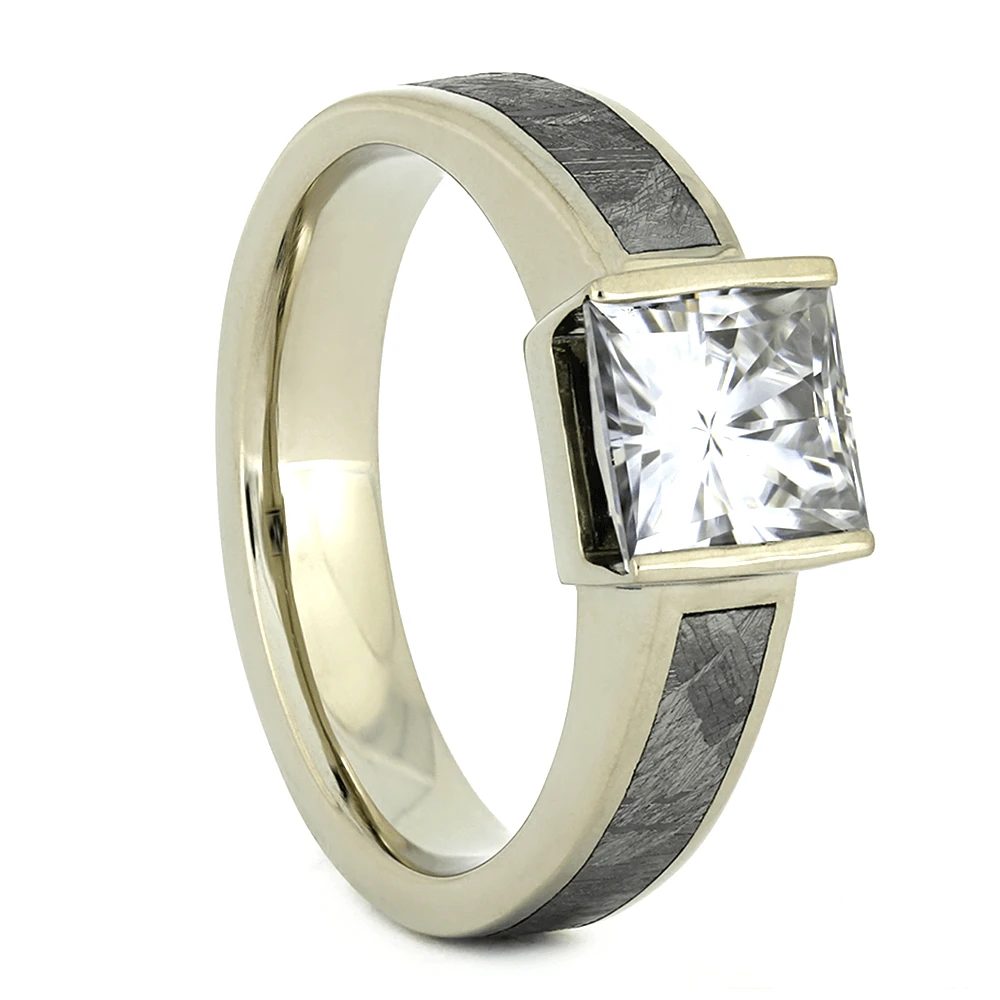 Meteorite Engagement Ring With Princess Cut Moissanite 4 Meteorite Engagement Ring With Princess Cut Moissanite - Image 2