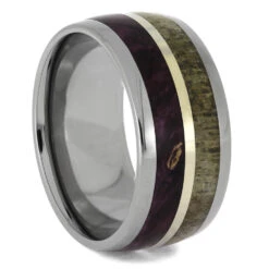 Antler And Purple Wood Wedding Band With Gold Pinstripe
