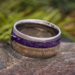 Purple Wood And Antler Wedding Band With Gold Pinstripe