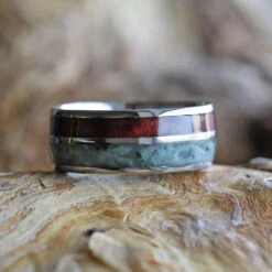 Jade Wedding Band With Natural Redwood, Titanium Ring With Pinstripe